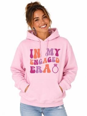 Gildan In My Engaged Era Hoodie Pink Graphic Sweatshirt Bridal Wedding M retro